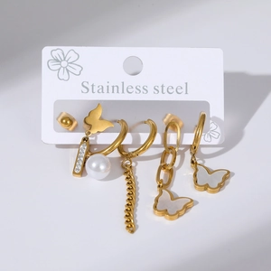 Five-piece gold stainless steel earring set with butterfly shell and pearl charms