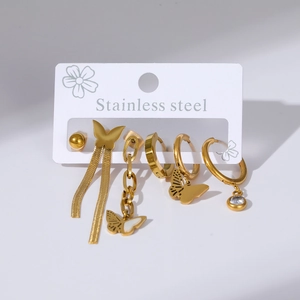 Detail of gold butterfly earring set in stainless steel with crystal accents