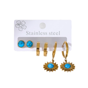 Three-pair set of gold stainless steel earrings with blue stones and sunburst charms