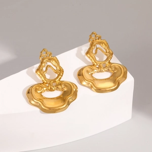 Vintage irregular stainless steel earrings with gold textured finish and baroque design