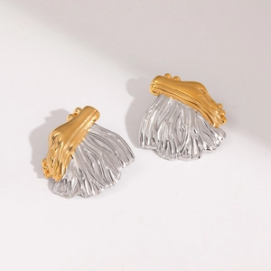 Close-up of two-tone stainless steel earrings with textured shell design and gold plating