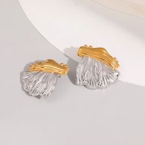 Modern two-tone 18K gold plated stainless steel earrings with textured silver fan design
