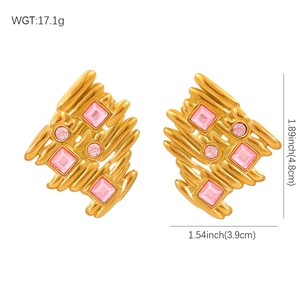 Golden irregular geometric stainless steel earrings with pink zircon stones for women