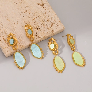 Minimalist bohemian gold teardrop earrings with blue and green shell inlay