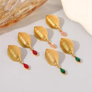 Three pairs of 18K gold plated stainless steel oval earrings with colorful gemstones