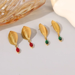Vintage 18K gold plated stainless steel teardrop earrings with red and green zircons