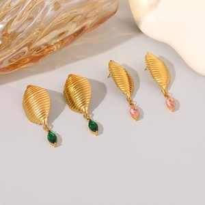 18K gold-plated teardrop earrings featuring marquise-cut green and pink crystals
