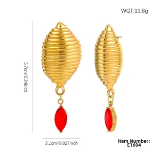 Golden honeycomb drop earrings with red marquise zircon and spiral geometric design