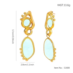 Artistic gold-tone irregular drop earrings with light blue stone inlay for women
