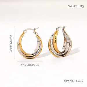 Détail macro de boucles d'oreilles créoles géométriques en acier avec dimensions précises