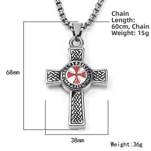 Silver punk cross necklace with Celtic knots and red-white emblem, 60cm stainless steel chain