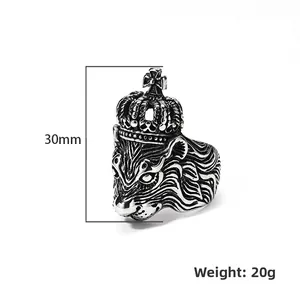 Retro lion head crown ring in punk style with 30mm height and oxidized steel finish