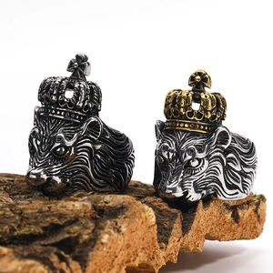 Vintage Punk Lion Head Crown Ring For Men Domineering Titanium Steel Gothic Cross Pattern Ring Vintage Men Jewelry