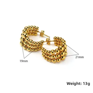 Goldene C-förmige dreireihige Perlenohrringe aus Edelstahl, 21 mm Durchmesser, Gewicht 13g