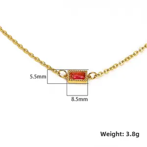 18K gold plated stainless steel necklace with red zircon pendant, weight 3.8g, 8.5x5.5mm