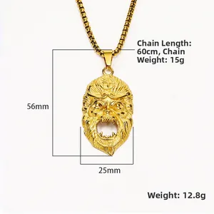 Punk style Monkey King Sun Wukong pendant in gold titanium steel with 60cm chain