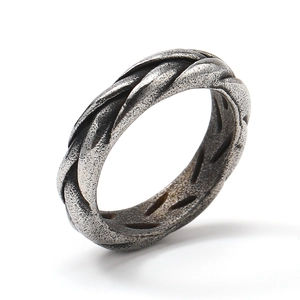 Vintage braided stainless steel ring for men with oxidized silver textured finish