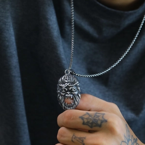 Retro silver Sun Wukong monkey king pendant on a bead chain necklace for men
