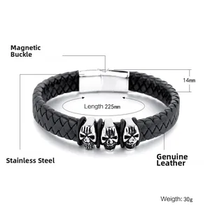 Schwarzes geflochtenes Lederarmband für Herren mit Totenkopf-Charms und Magnetverschluss