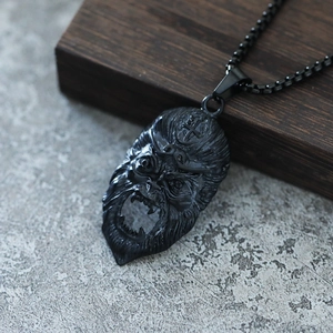 Dark punk style Sun Wukong pendant in black titanium steel with beaded chain necklace