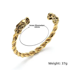 Vintage-Punk Armreif mit doppeltem Drachenkopf, gedrehtes Seildesign in Gold, 37g