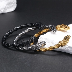 Herren Retro Punk Hip Hop Wikinger Zopfmuster Armband Doppel Drachenkopf Edelstahl Offenes Manschettenarmband Schmuck Geschenk