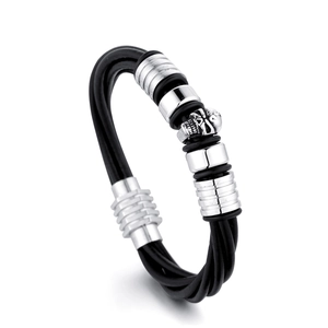 Bracelet Homme Punk Crâne en Acier Inoxydable et Corde de Cuir Style Gothique Moto Multi Brins Fermoir Magnétique Bijoux