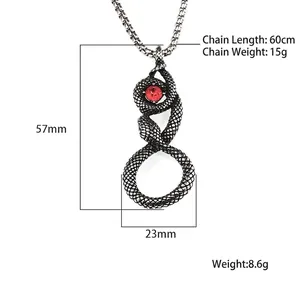 Pendentif rétro en acier inoxydable double serpent avec pierre rouge et chaîne de 60cm