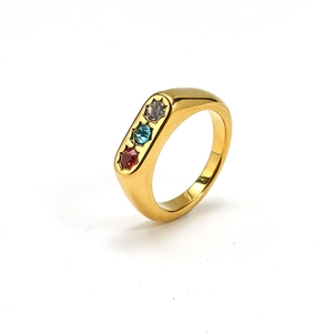 Dettaglio anello placcato oro 18k con zirconi incastonati bianco, blu e rosso