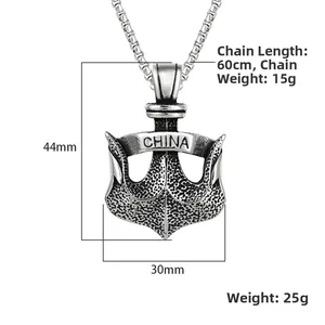 Retro stainless steel anchor pendant necklace with China engraving and textured finish