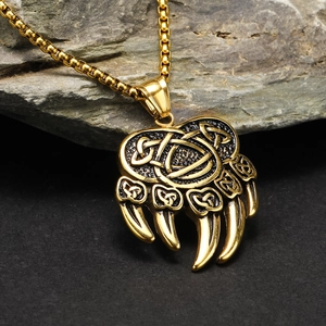 Retro Viking bear claw pendant necklace with intricate Celtic patterns in gold stainless steel