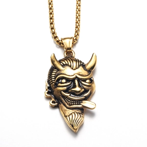 Gothic demon head pendant necklace in gold stainless steel with box chain for men