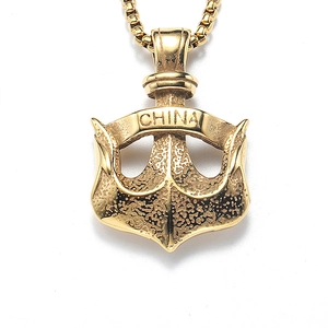 Pendentif ancre doré poli pour homme avec gravure China et chaîne maille vénitienne