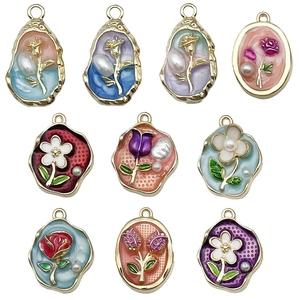 DIY Blumen-Anhänger aus Legierung mit Emaille und Perlen in verschiedenen Designs