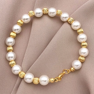 Elegant 18K gold plated pumpkin bead and pearl bracelet with lobster clasp for women