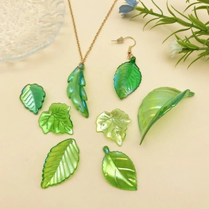 Iridescent green acrylic leaf pendants and DIY jewelry set with maple leaf charms