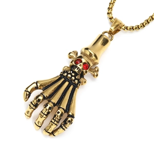 Gothic punk skull hand pendant necklace in gold stainless steel with red rhinestone eyes