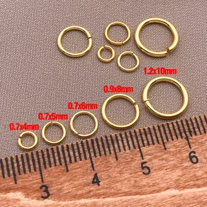 Various sizes of 18k gold plated jump rings with measurements for jewelry DIY projects