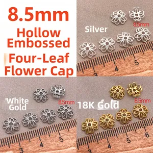 Detalle de los capuchones de cuentas trébol hueco de 8,5mm en oro, plata y oro blanco