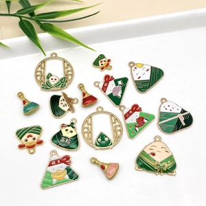 Dragon Boat Festival cartoon zongzi DIY alloy pendants with green enamel details