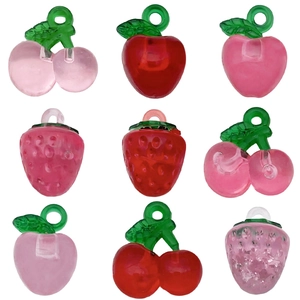 Translucent acrylic fruit pendants including cherry, apple, and strawberry for DIY jewelry