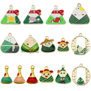 Dragon Boat Festival Zongzi alloy charms set with green enamel and gold plating