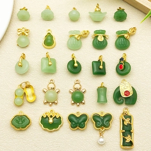 Alloy Glass Green Jade Look Pendants Chinese Style Fortune Bag Elephant Gourd Charms For DIY Jewelry Making Necklace Accessory