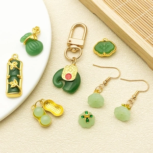 Chinese style green glass pendant jewelry set with lucky bag and lotus root charms