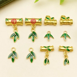 Alloy Enamel Bamboo Pendants Green Gold Bamboo Leaf Fu Character Chinese Style Charms DIY Jewelry Making Accessories