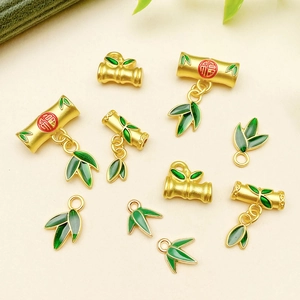 Chinese style bamboo pendant DIY accessories with green enamel and gold blessing character
