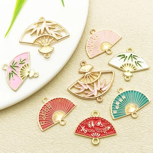 Traditional Chinese style fan-shaped alloy charms with bamboo and cherry blossom designs