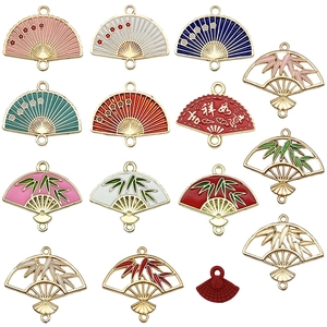 Traditional Chinese style fan-shaped metal charms with colorful enamel patterns for DIY jewelry