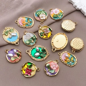 Colgantes de flores en esmalte vintage con perlas para joyería artesanal DIY