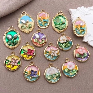 Colgantes de flores de pintura al óleo Monet retro con perlas para joyas DIY variadas